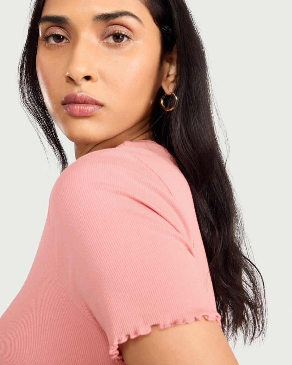 image 1 of F&F Cotton Rich Lettuce Hem T-Shirt in Pink