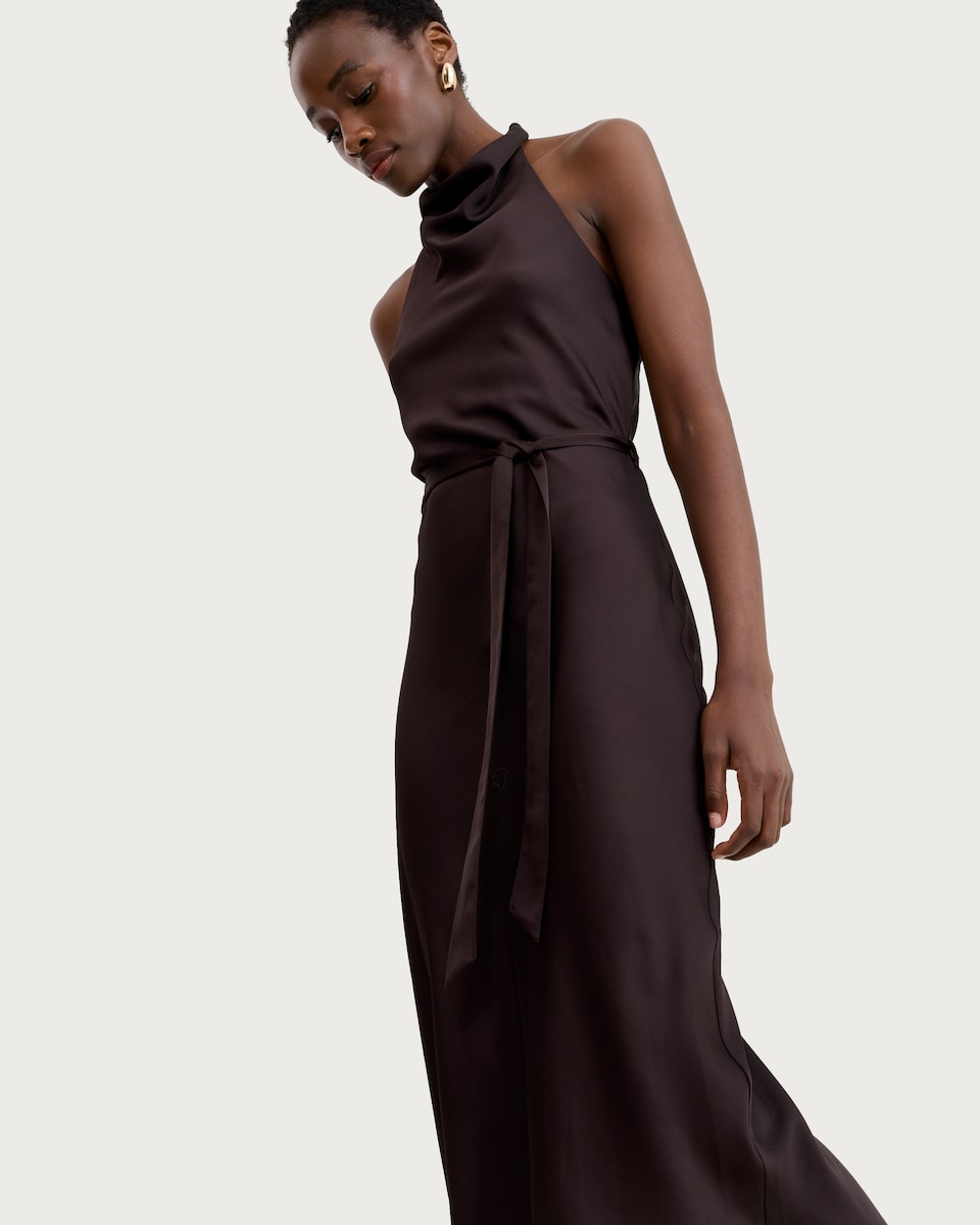 image 1 of F&F Satin Cowl Neck Sleeveless Midi Dress in Chocolate