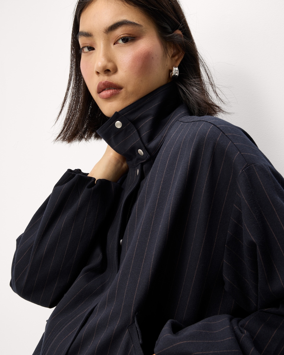 image 1 of F&F Pinstriped Funnel Neck Co-ord Jacket in Navy