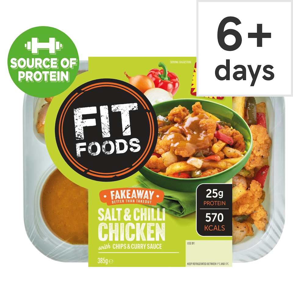 Fit Foods Salt & Chilli Chicken with Chips & Curry Sauce 385g