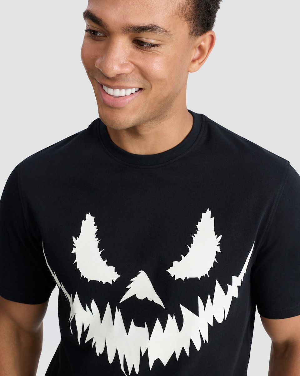image 1 of F&F Halloween Pure Cotton Pumpkin Face Print Regular Fit T-Shirt in Black