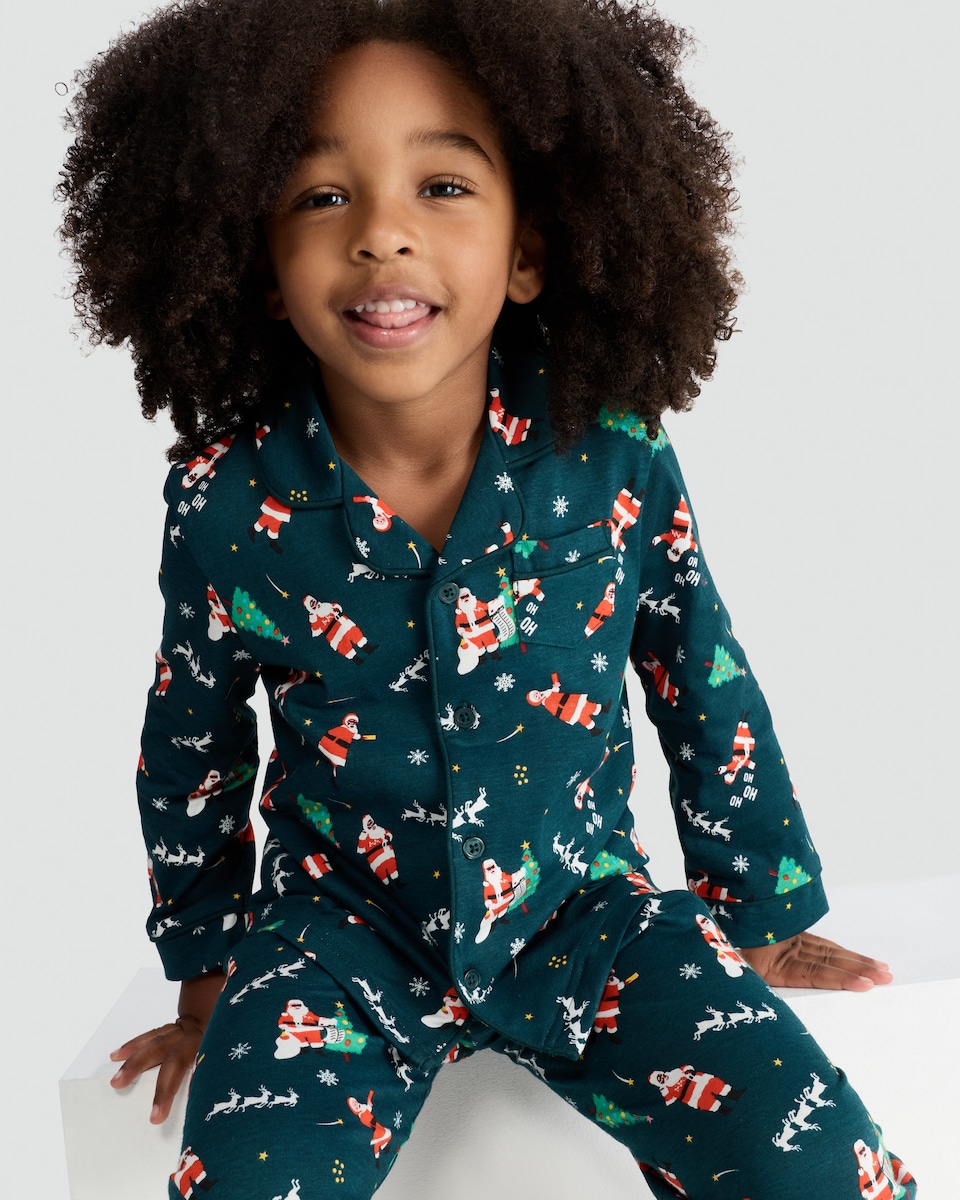 image 1 of F&F Boys Pure Cotton Santa Print Shirt and Trousers Pyjamas in Green