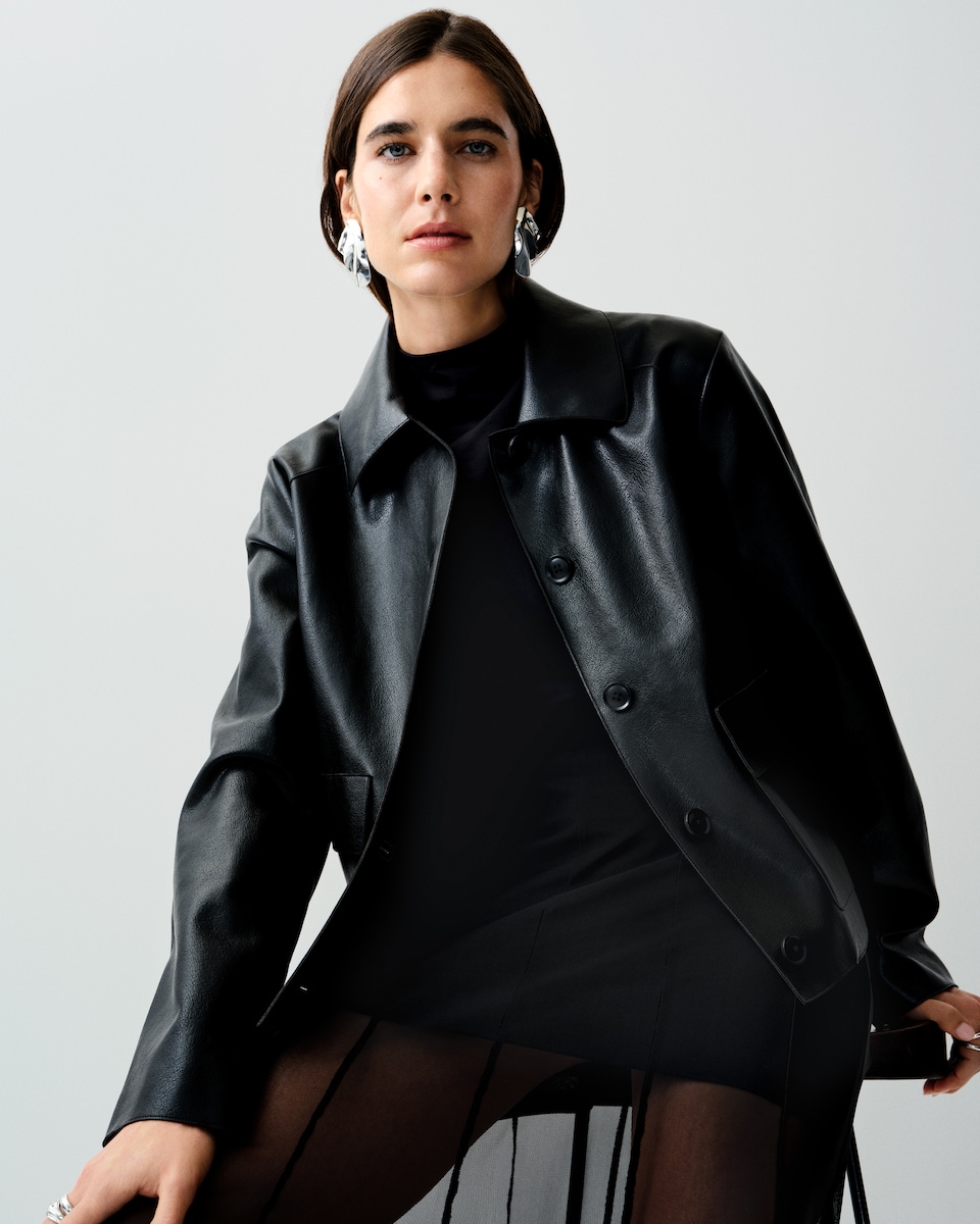 image 1 of F&F Faux Leather Button-Up Jacket in Black