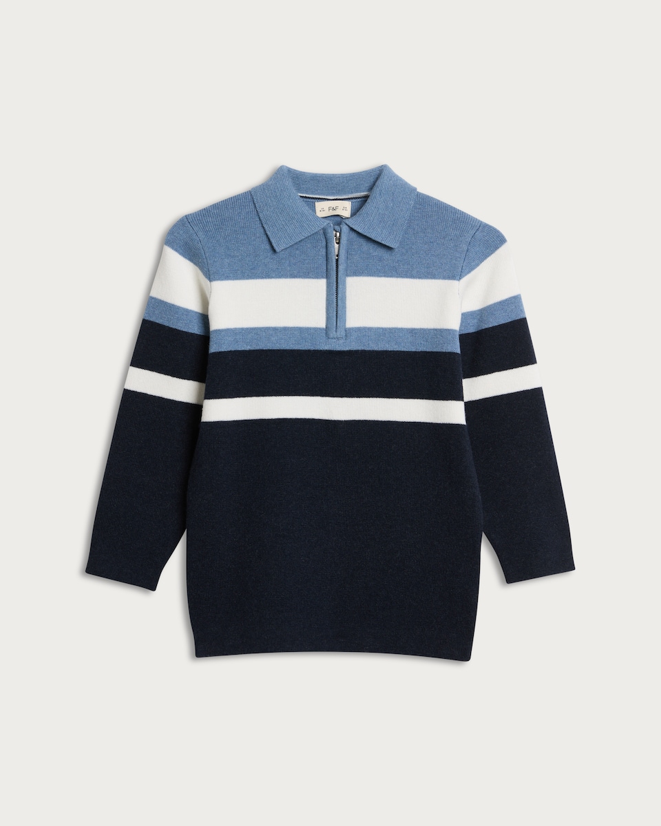 image 1 of F&F Boys Cotton Rich Colour Block Half Zip Polo Top in Navy
