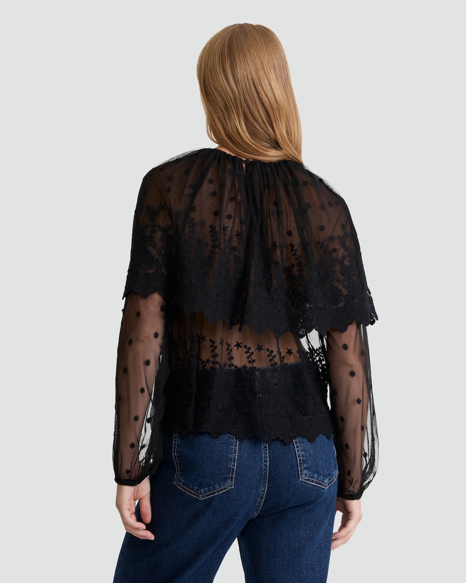 image 1 of The F&F Edit Embroidered Sheer Long Sleeved Blouse in Black