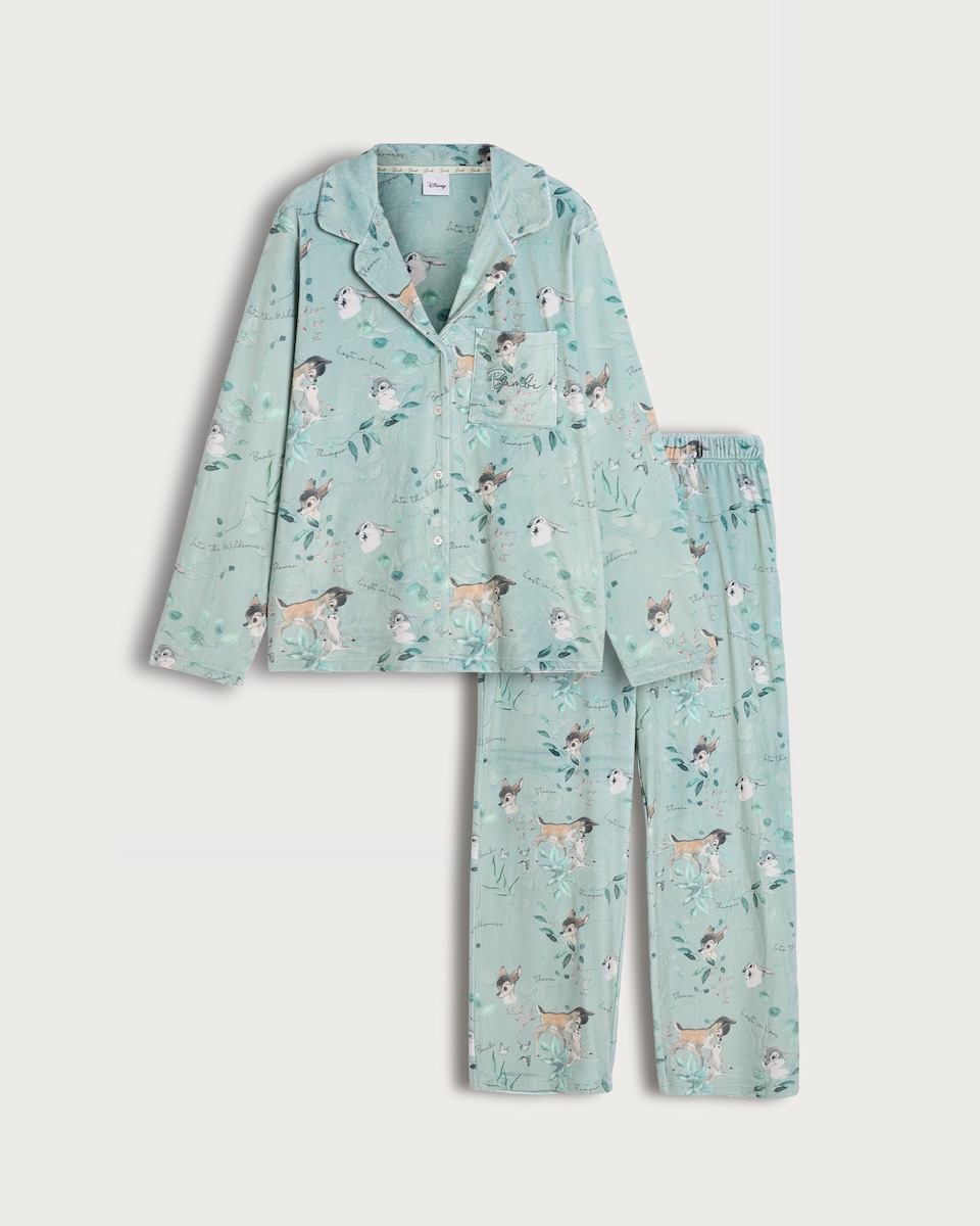 Disney Bambi Print Revere Shirt and Trousers Fleece Pyjama Set in Multi Green