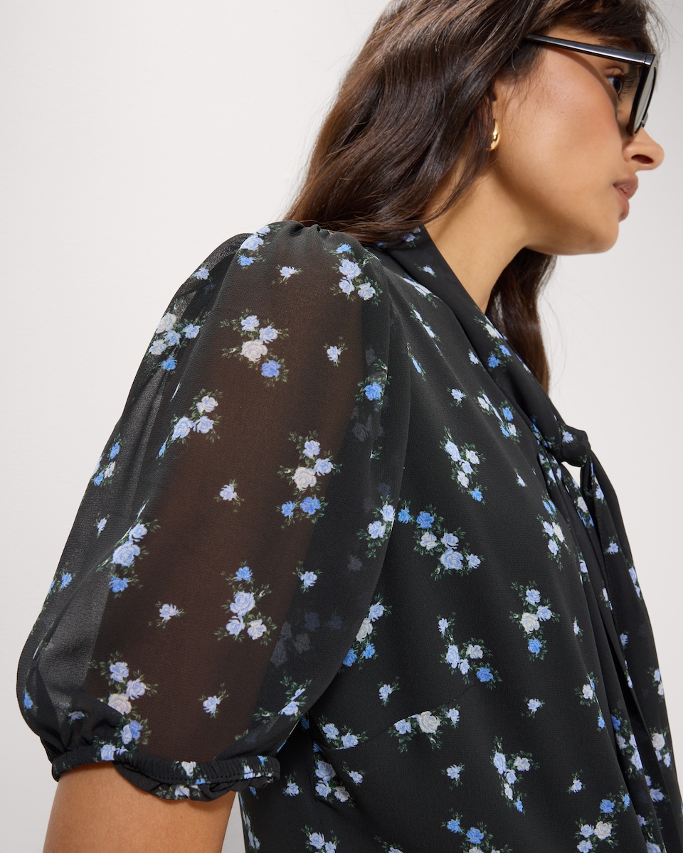 image 1 of F&F Ditsy Floral Tie Neck Blouse in Multi Black