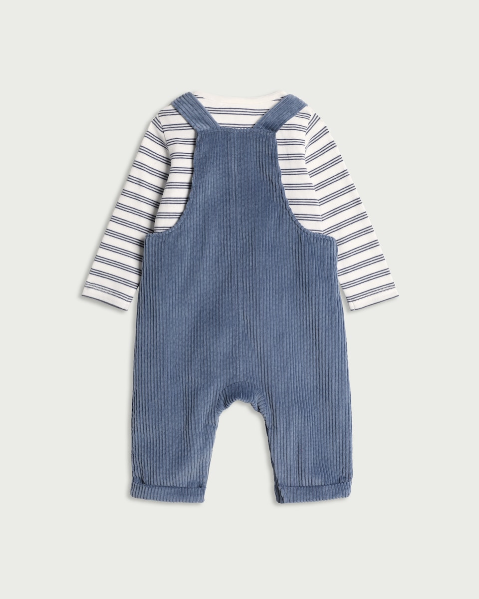 image 1 of F&F Baby 2-Piece Pure Cotton Corduroy Bear Dungaree and Striped Bodysuit Set in Blue
