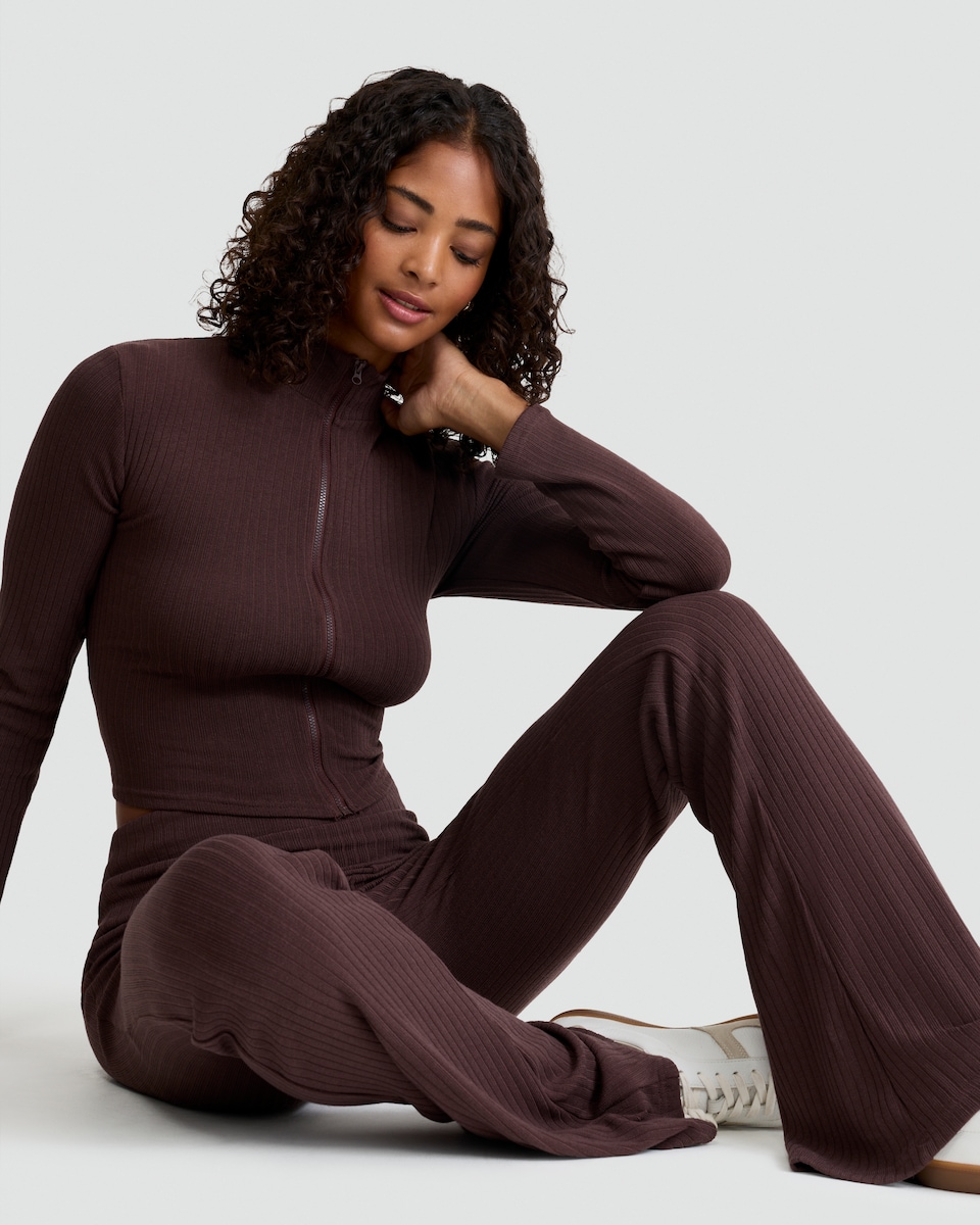 image 1 of OH ME OH MY Ribbed Foldover Waist Co-ord Leggings in Brown