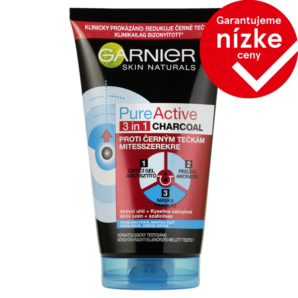Garnier Skin Naturals Pure Active 3 v1 maska s aktívnym uhlím proti čiernym bodkám, 150 ml