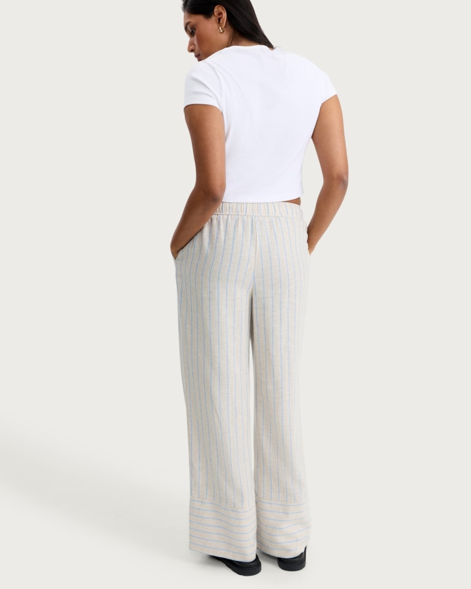 image 1 of F&F Linen Rich Striped Wide Leg Drawstring Trousers in Stone