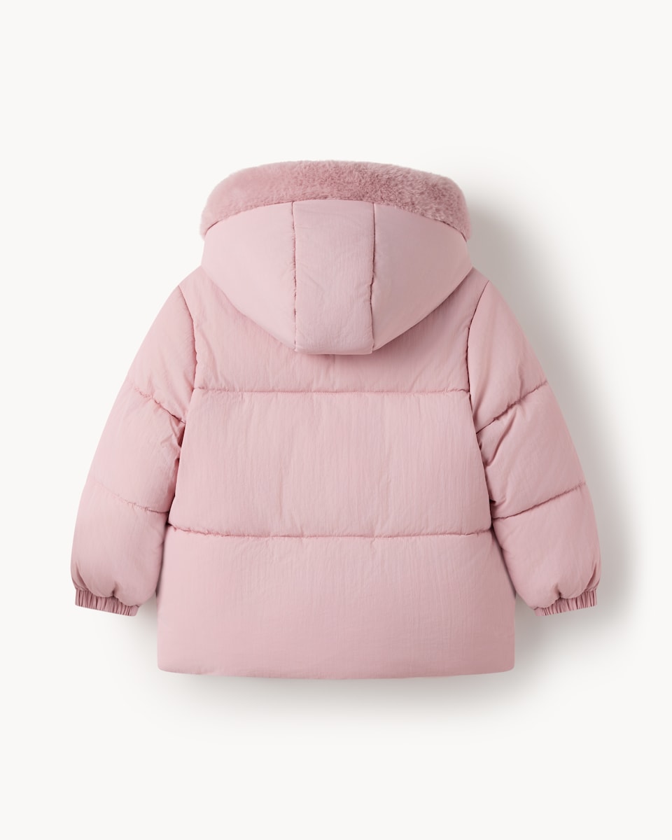 image 1 of F&F Girls Faux Fur Hood Puffer Coat in Pink