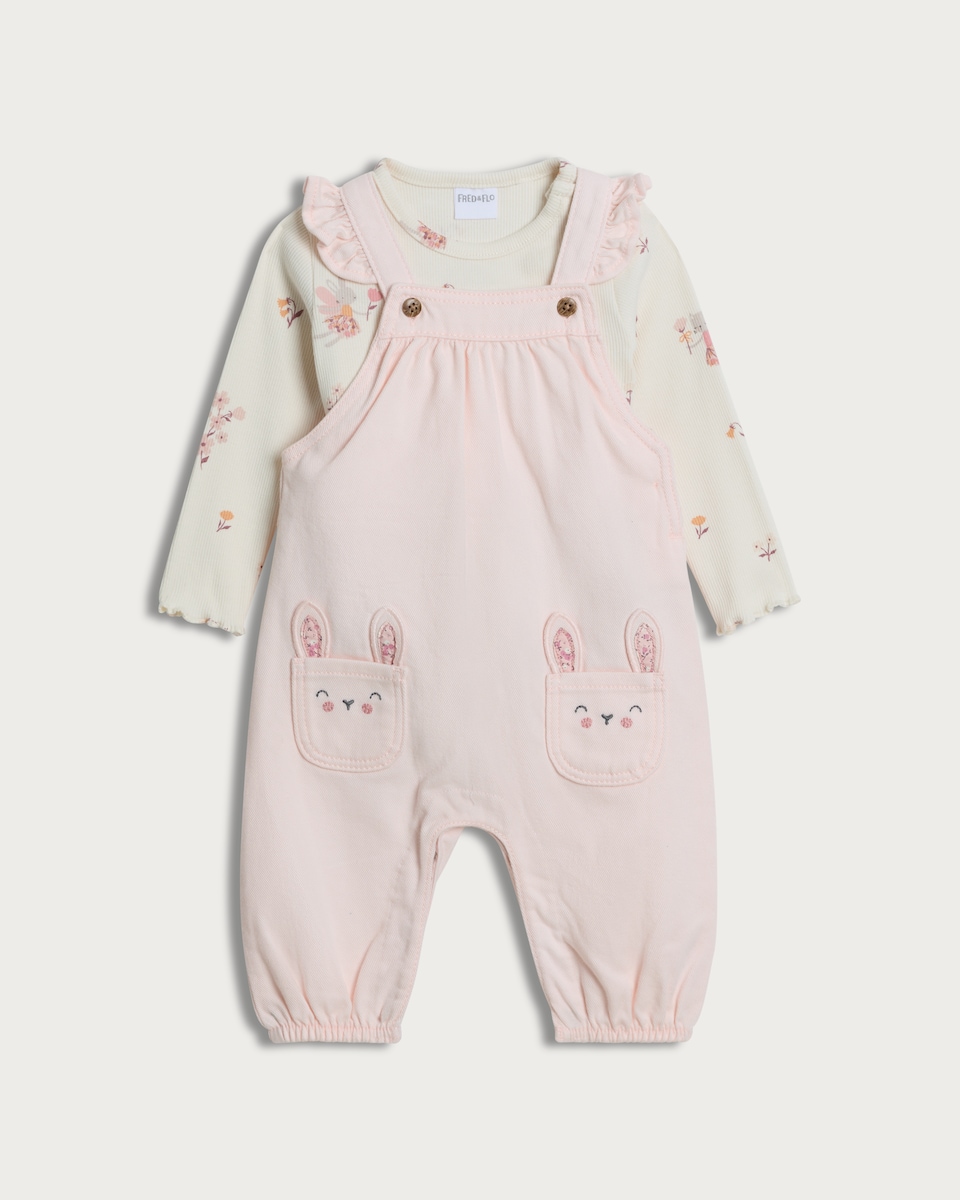 image 1 of F&F Baby Cotton Rich Bunny Pocket Dungarees and Bodysuit Set in Pink