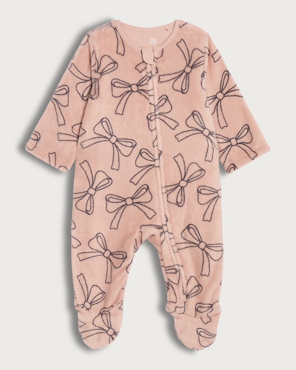 image 1 of F&F Baby Fleece Bow Print Sleepsuit in Pink