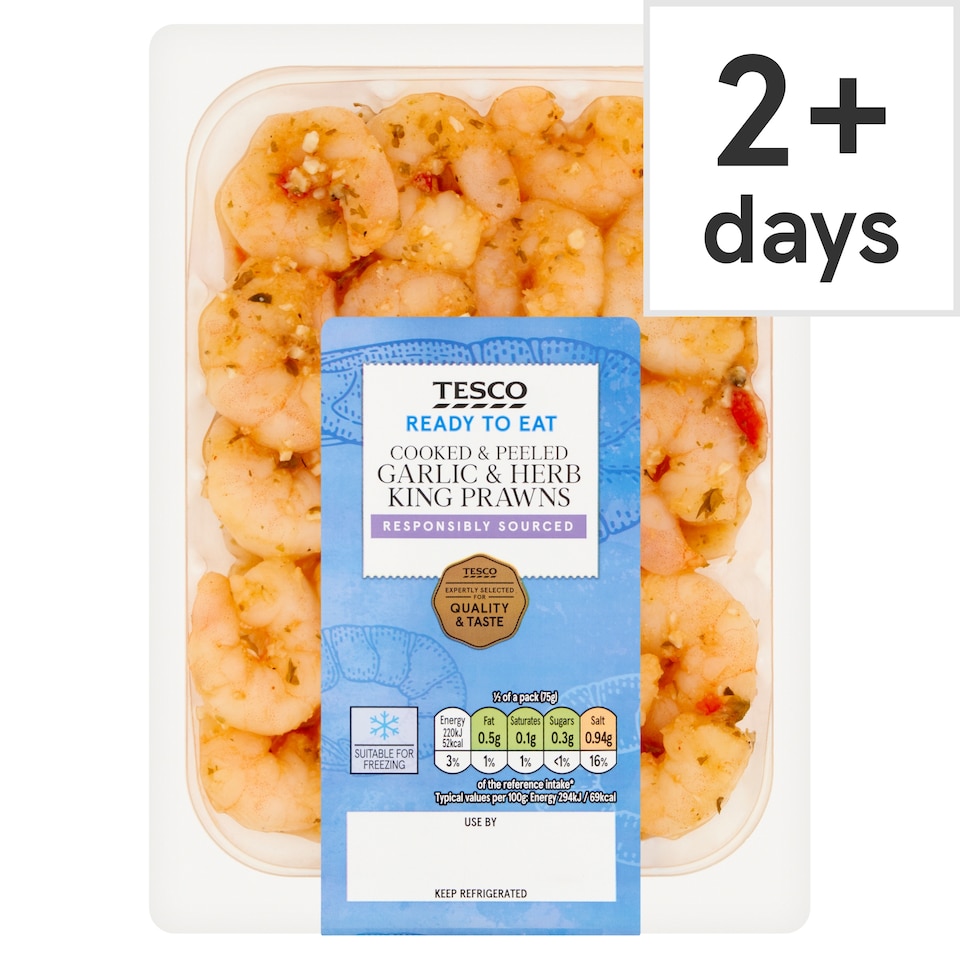 Tesco Ready to Eat Cooked & Peeled Garlic & Herb King Prawns 150g
