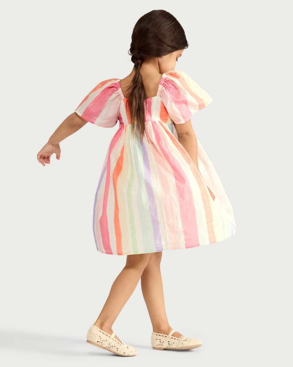 image 1 of F&F Girls Cotton Rich Striped Smocked Dress in Multi