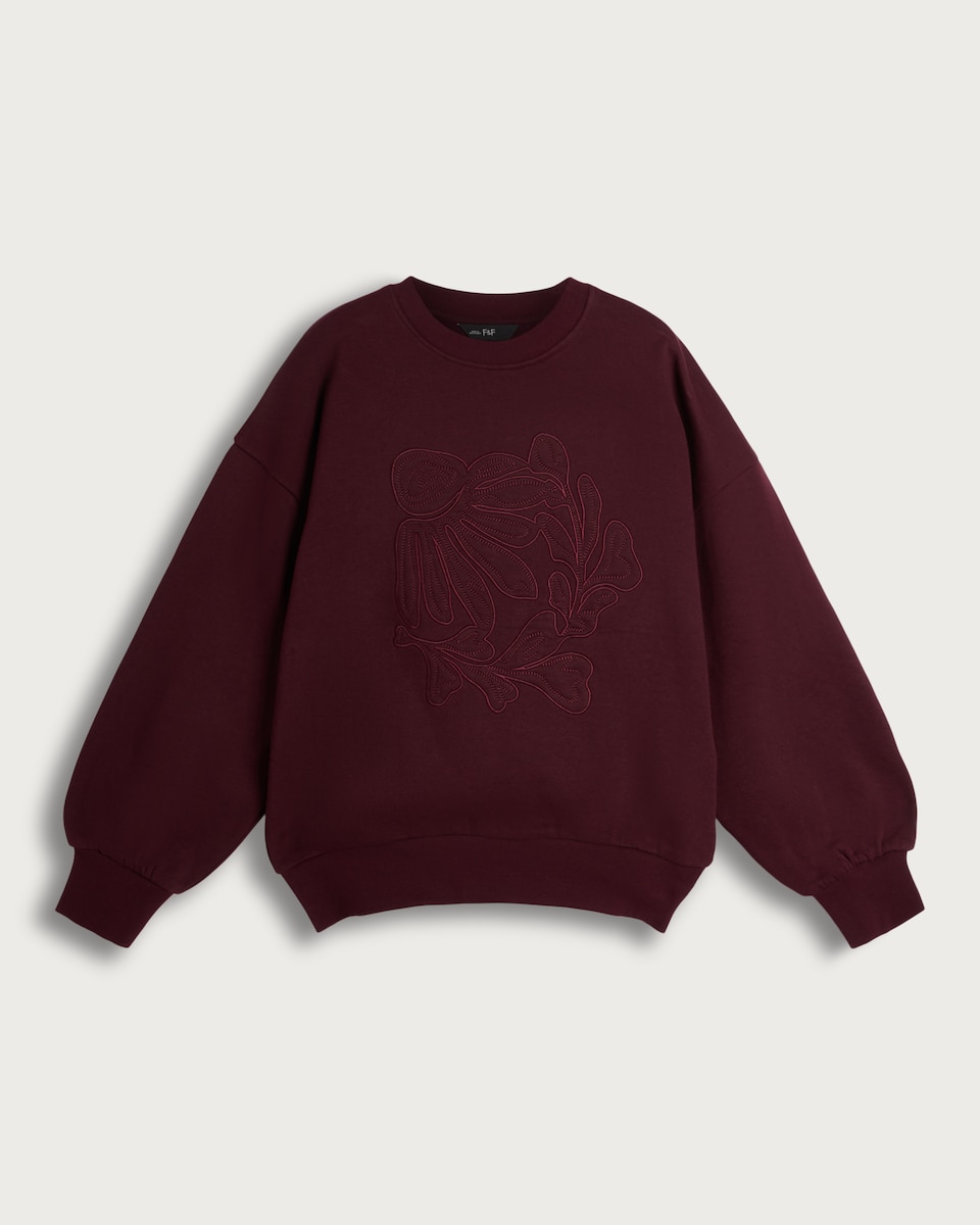 F&F Cotton Rich Floral Appliqué Embroidered Sweatshirt in Burgundy