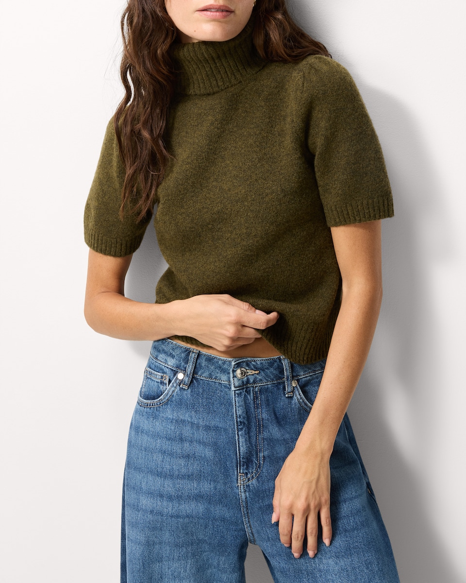 image 1 of F&F Roll Neck Puff Sleeved Jumper with Wool in Olive