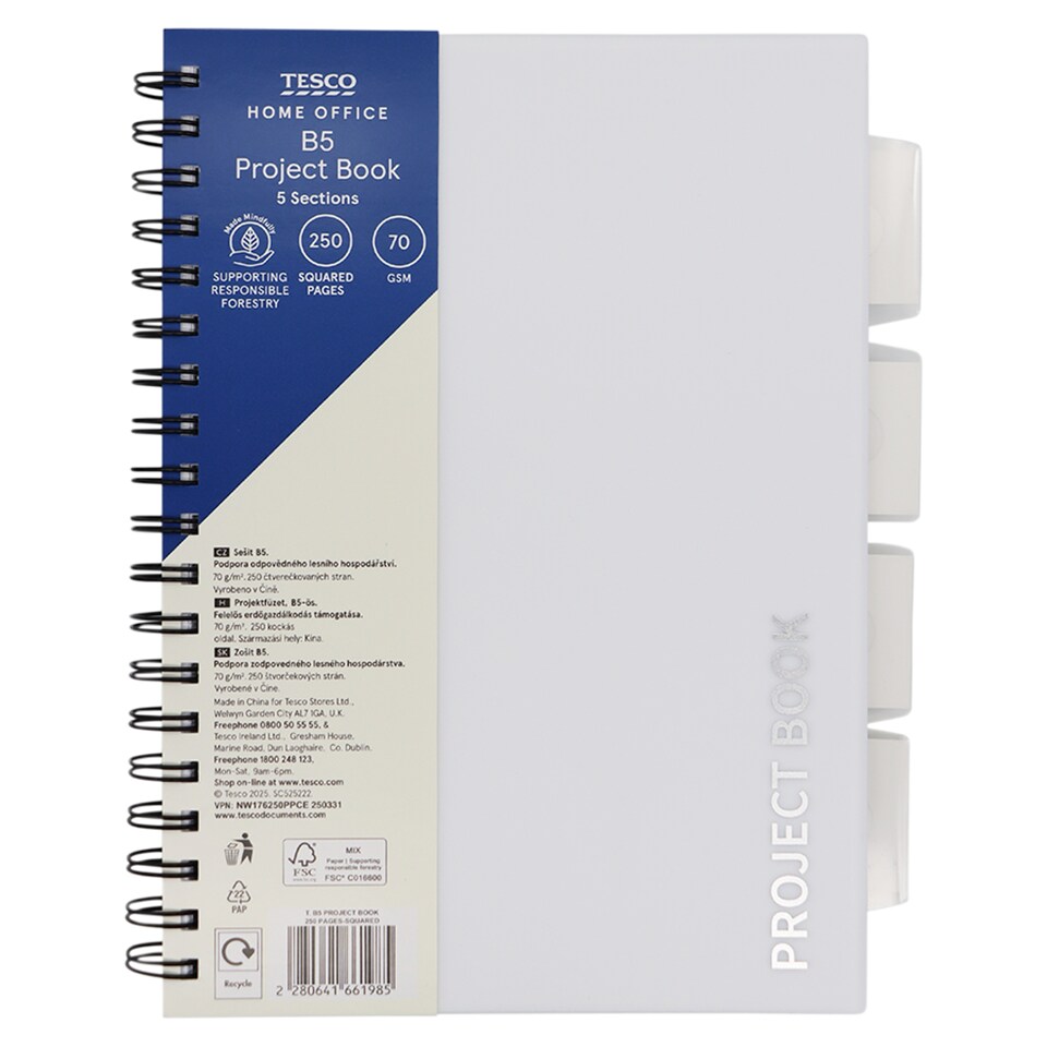 Tesco Home Office B5 Project Book 125 Squared Sheets 
