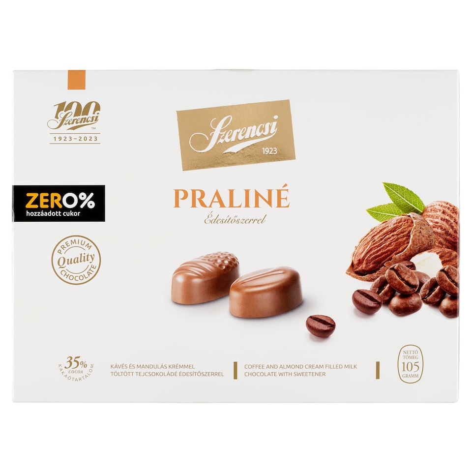 Szerencsi Zero% praliné kávés és mandulás krémmel töltött tejcsokoládé édesítőszerrel 105 g  1. kép