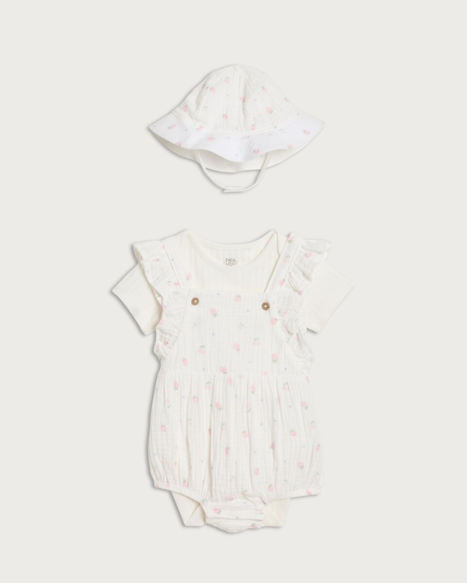 F&F Baby 3-Piece Pure Cotton Romper, Bodysuit and Hat in White