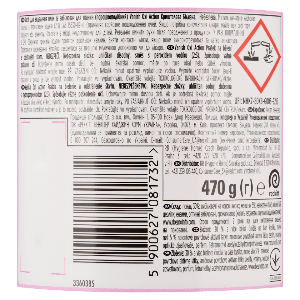 Obrázek 1 pro produkt Vanish Oxi Action Prášek na bělení a odstranění skvrn 470g