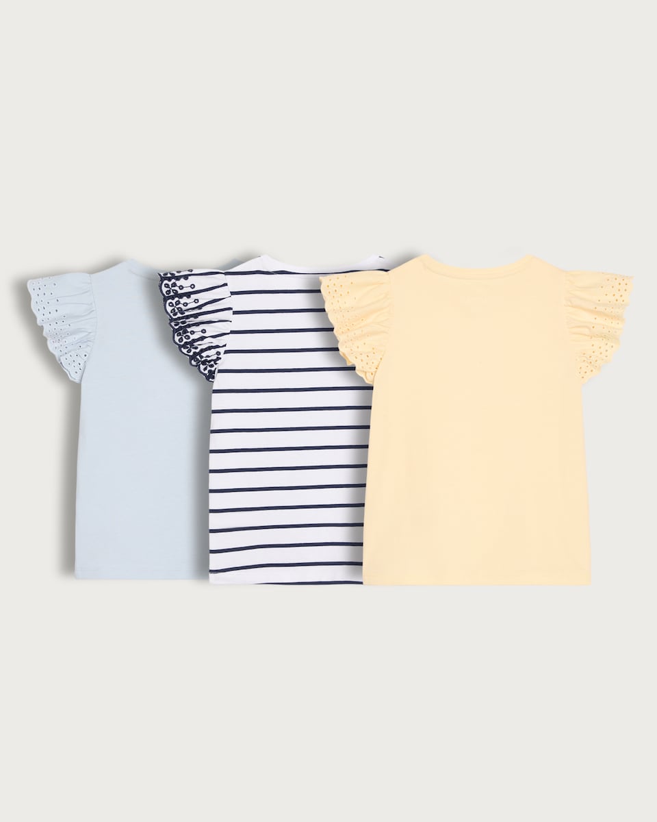 image 1 of F&F Girls 3-Pack Broderie Sleeve T-Shirts in Multi Blue