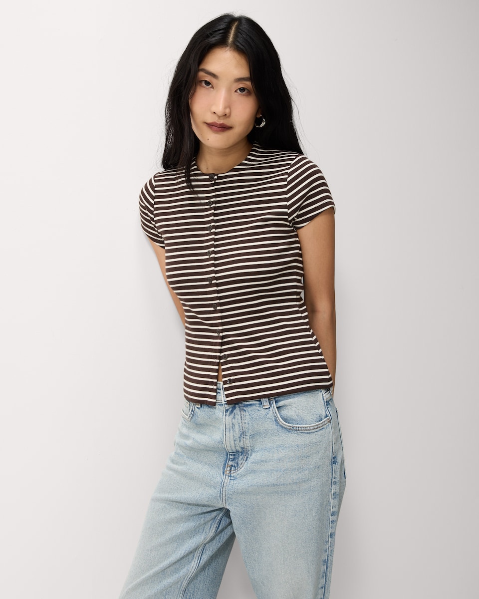 image 1 of F&F Cotton Rich Striped Button Front Top in Multi Brown