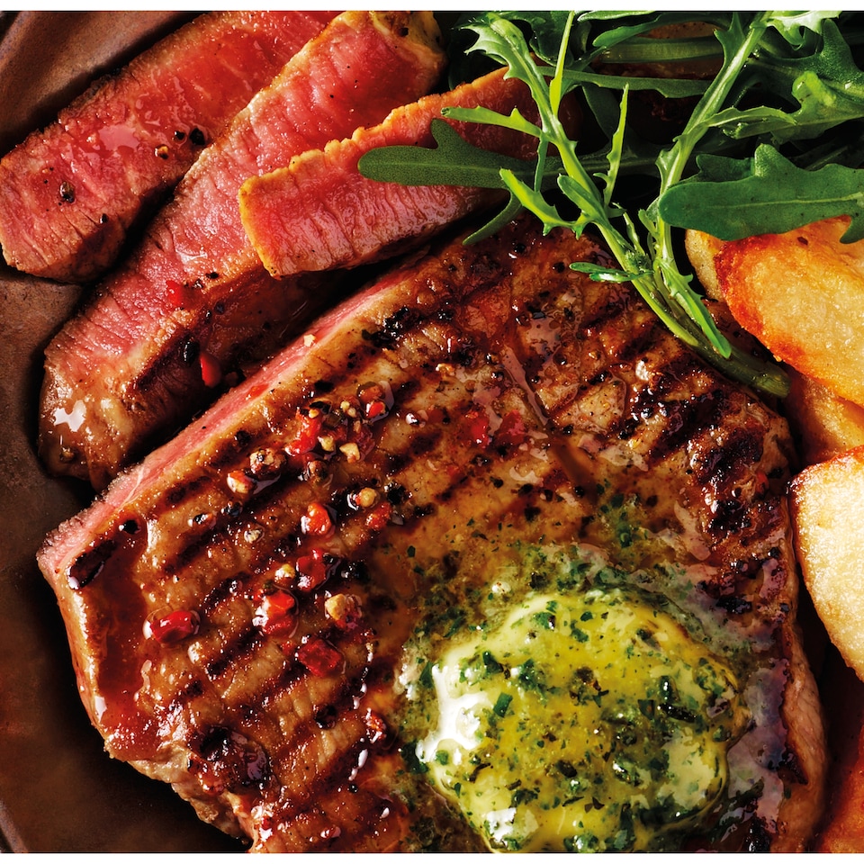 image 1 of Tesco Finest Dine In 30 Day Matured British Ranch Steaks With Wild Garlic Butter 323G