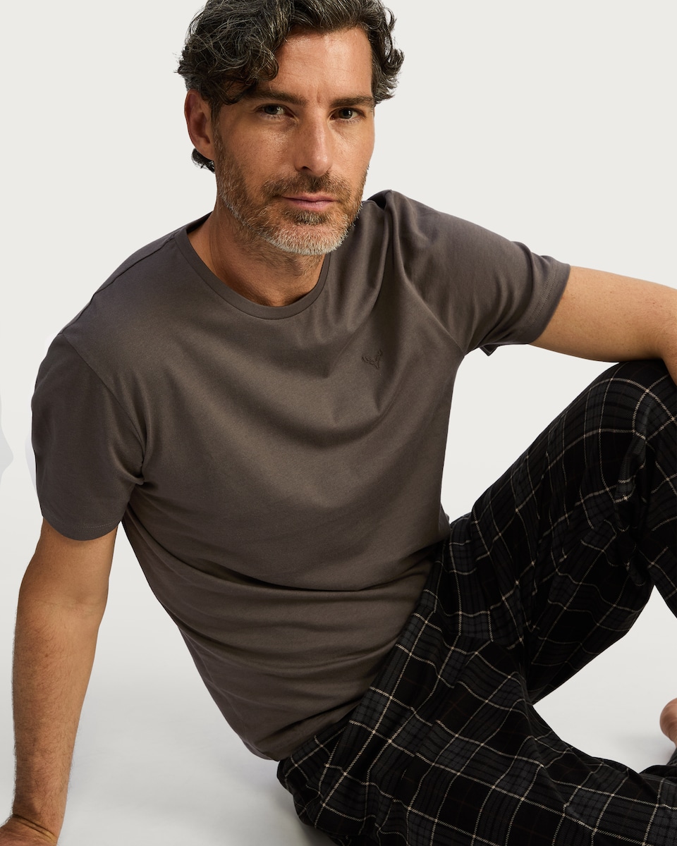 image 1 of F&F Check Print Fleece Bottom Pyjama Set in Brown