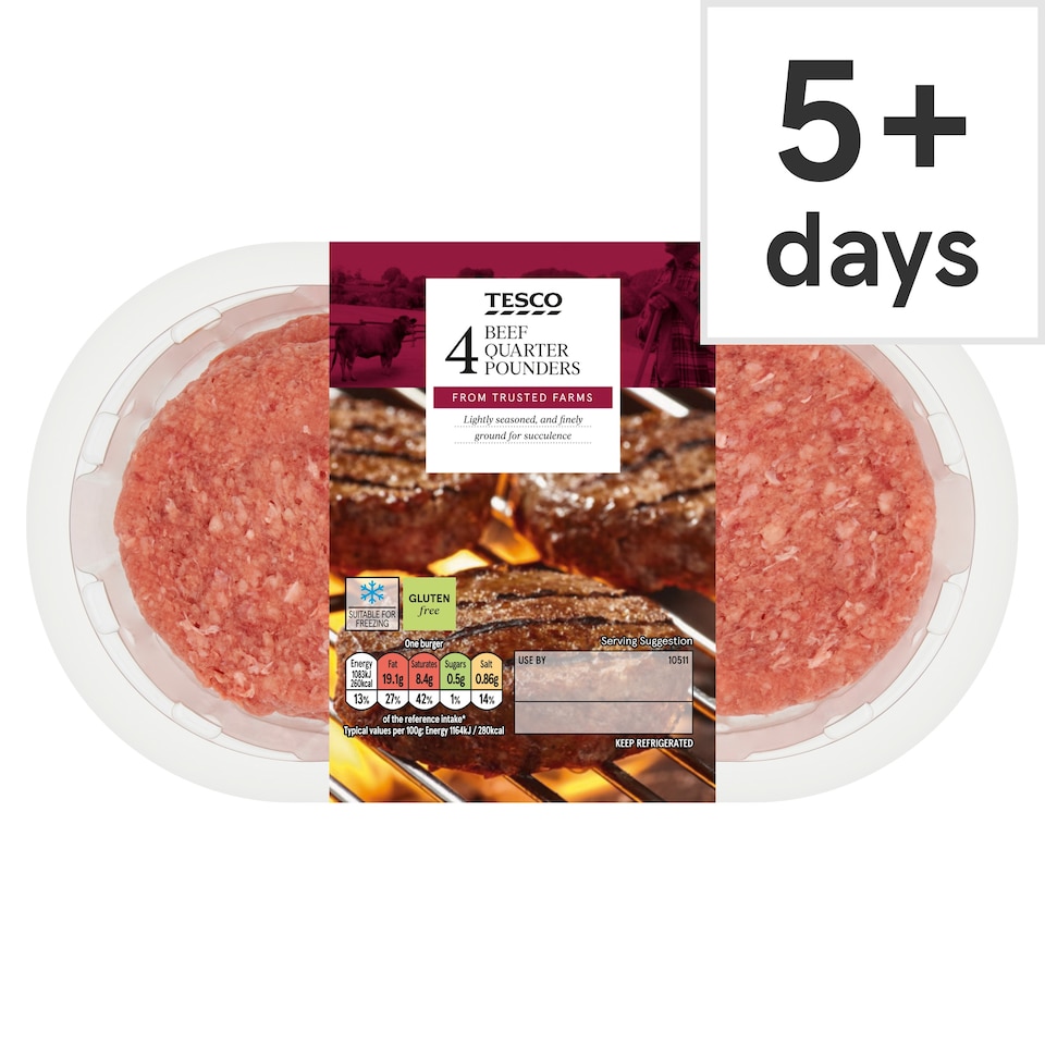 Tesco Fire Pit 4 British Beef Quarter Pounders 454g (C)