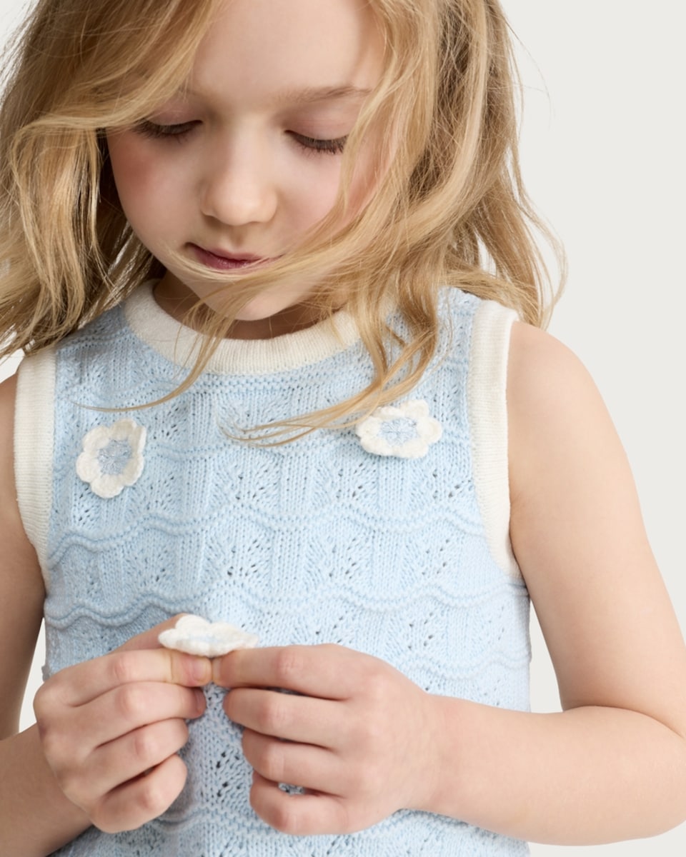 image 1 of F&F 2-Piece Girls Pure Cotton Knitted Flower Top and Shorts Set in Blue