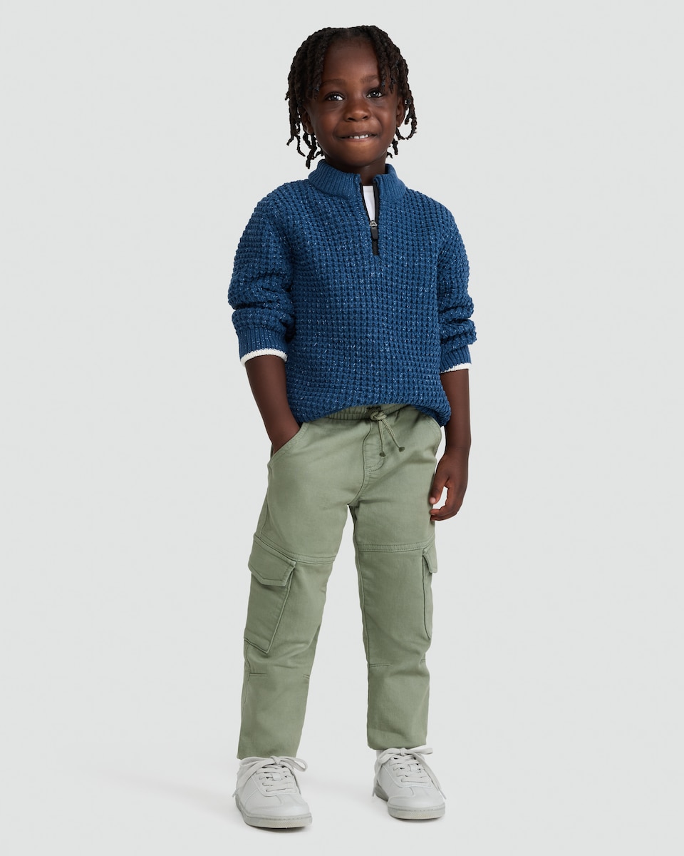 image 1 of F&F Boys Cotton Rich Cuffed Drawstring Cargo Joggers in Khaki