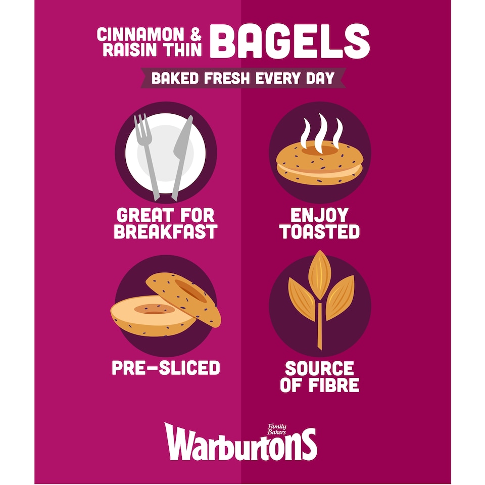 image 1 of Warburtons Thin Cinnamon & Raisin Bagels 6 Pack