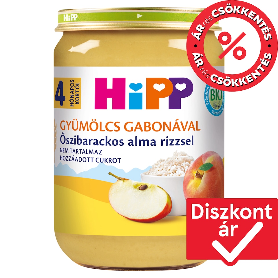HiPP Gyümölcs Gabonával bio őszibarackos alma rizzsel bébidesszert 4 hónapos kortól 190 g