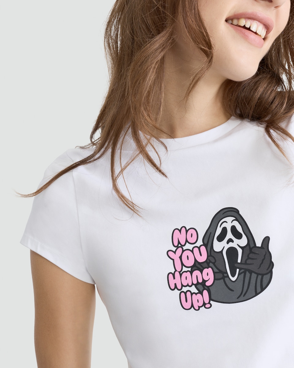 image 1 of Ghost Face Cotton Rich No You Hang Up Cropped T-Shirt in White