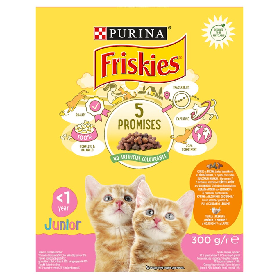 Purina Friskies Junior csirkével, tejjel és hozzáadott zöldségekkel száraz macskaeledel 300 g 1. kép