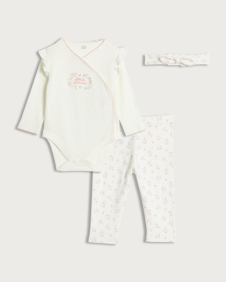 image 1 of F&F Baby 3-Piece Pure Cotton Bodysuit, Leggings and Headband Set in White