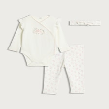F&F Baby 3-Piece Pure Cotton Bodysuit, Leggings and Headband Set in White