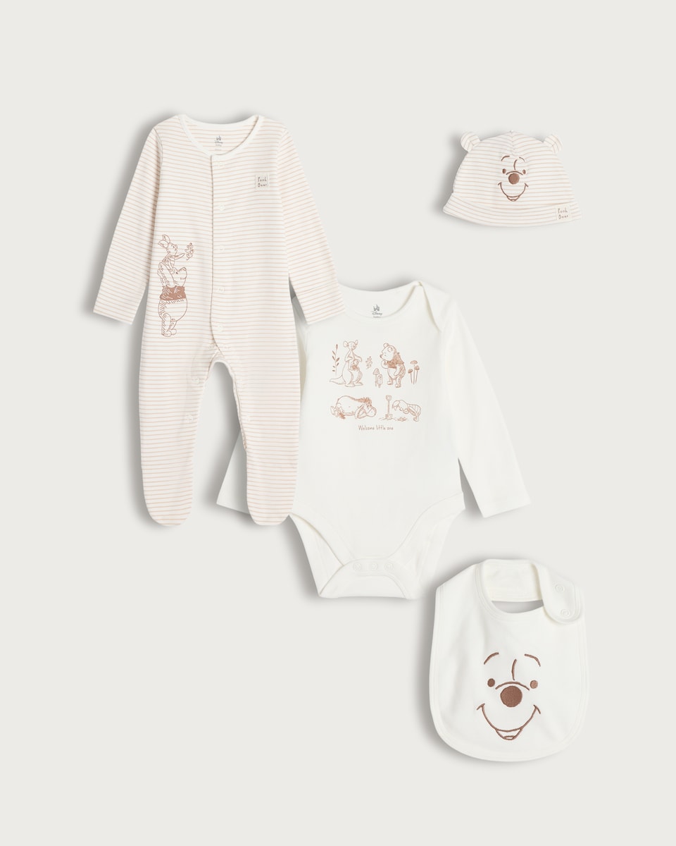 image 1 of Disney Winnie the Pooh Stripe Print Pure Cotton Sleepsuit in White
