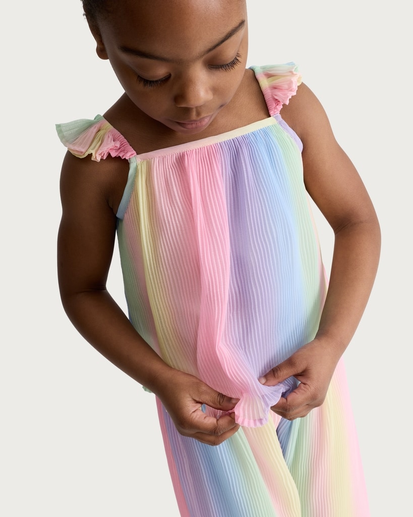 F&F Girls 2-Piece Plisse Pleated Rainbow Vest and Trousers Set in Multi