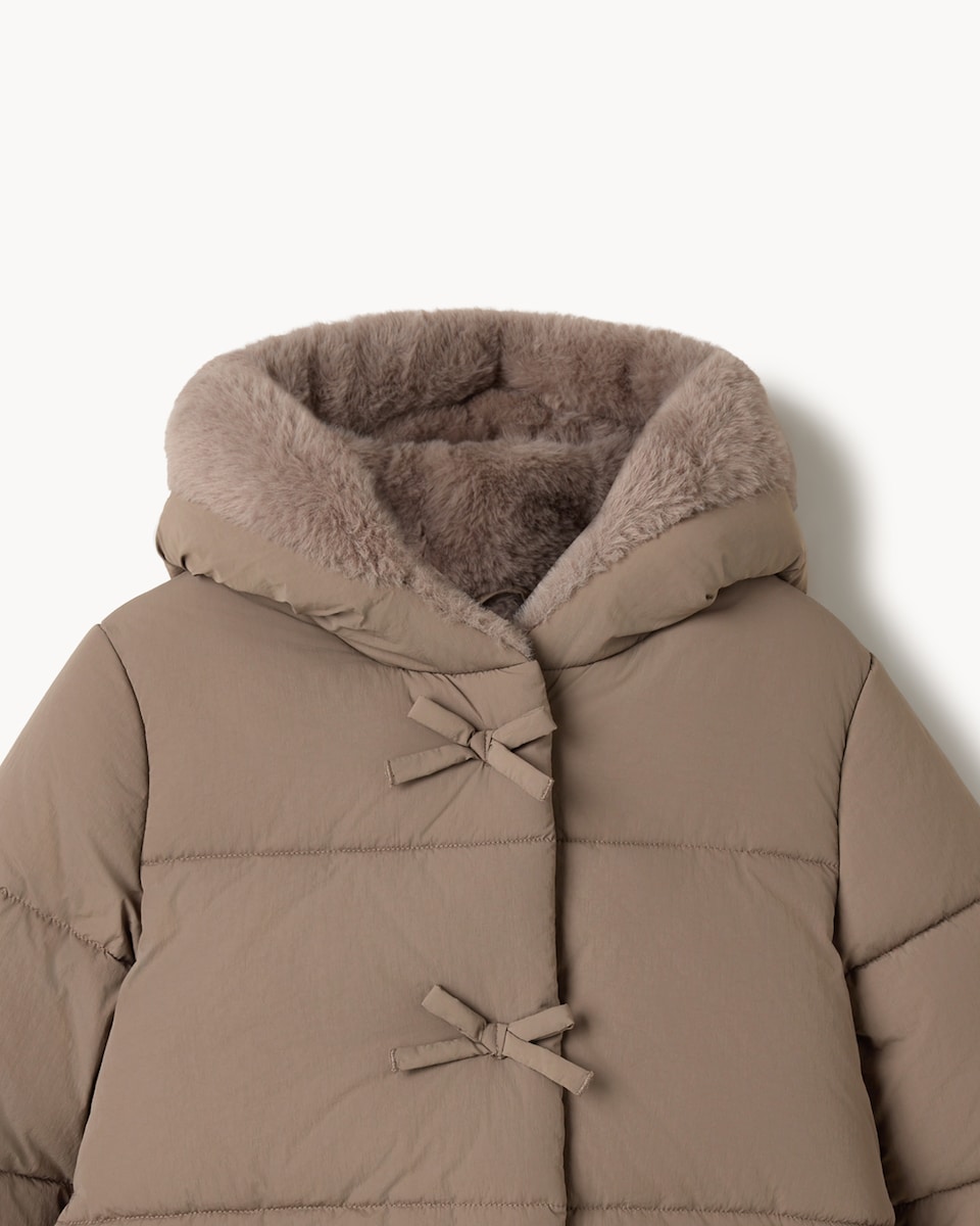 image 1 of F&F Girls Faux Fur Lined Puffer Jacket in Brown
