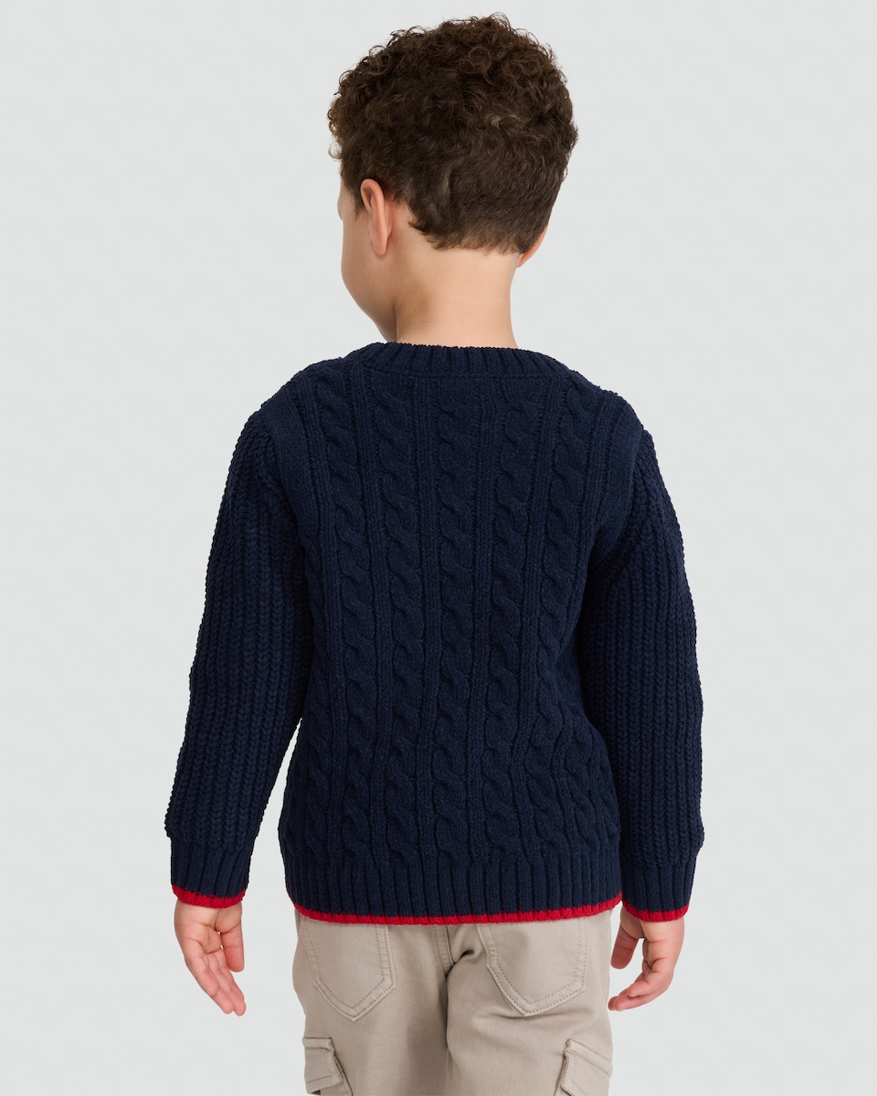 image 1 of F&F Boys Cable Knit Crew Neck Jumper in Navy