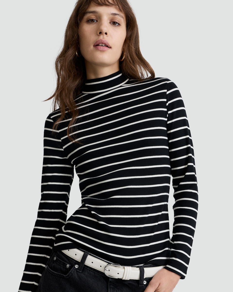 image 1 of F&F Cotton Rich Stripe Print High Neck Top in Multi Black White