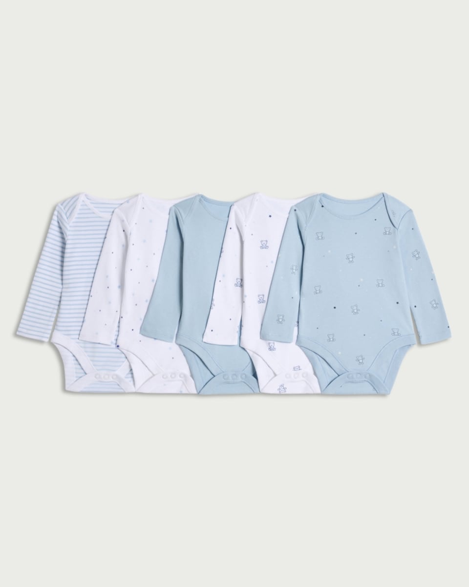 image 1 of F&F Baby 5-Pack Pure Cotton Bodysuits in Blue