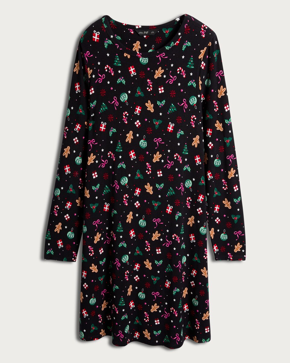 image 1 of F&F Christmas Print Long Sleeved Mini Dress in Multi Black