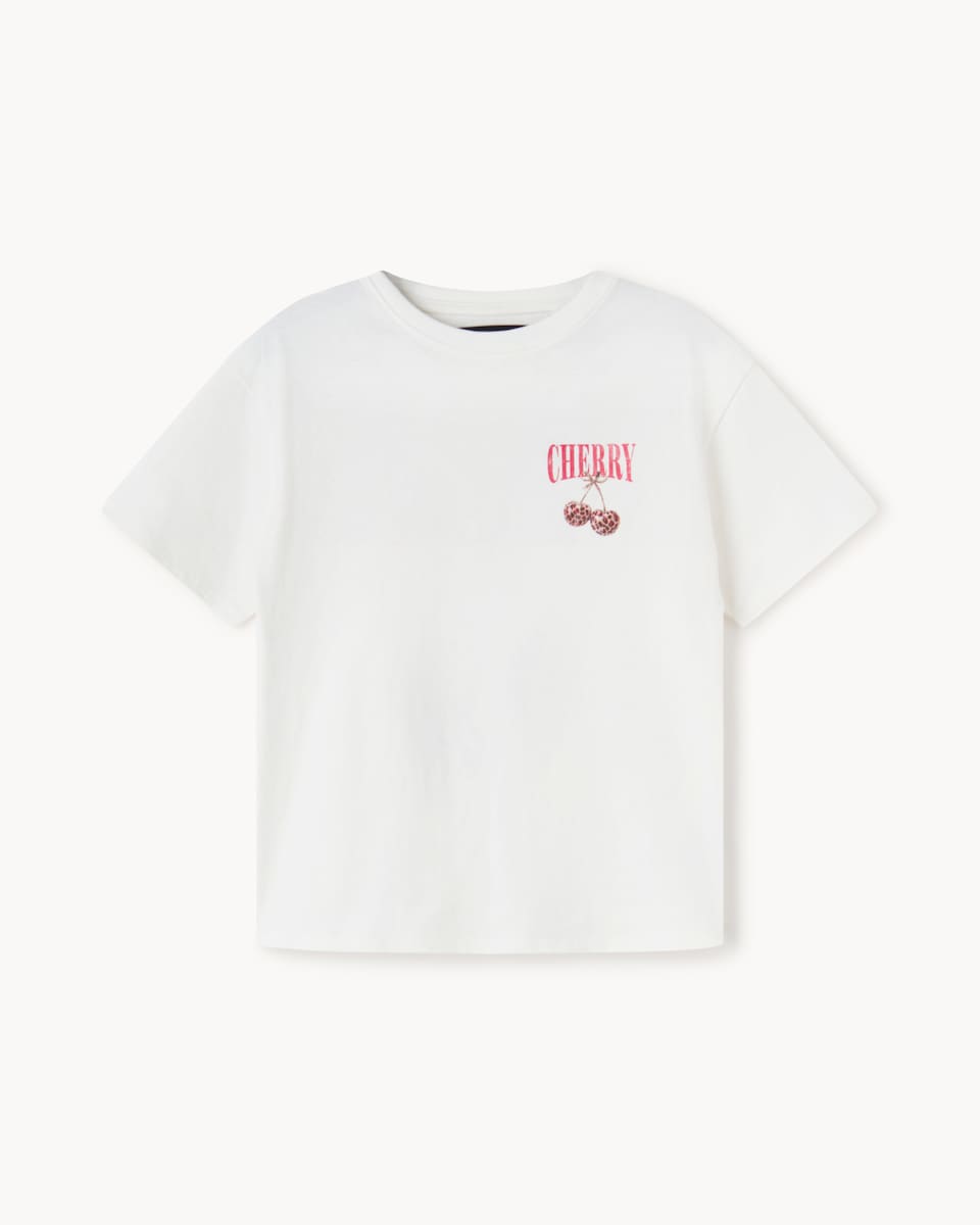 image 1 of F&F Girls Pure Cotton Cherry Oversized Fit T-Shirt in Cream