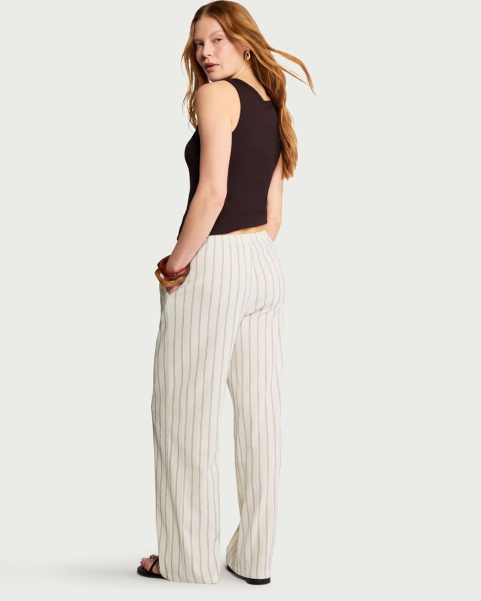 image 1 of F&F Textured Striped Wide Leg Drawstring Trousers in Cream