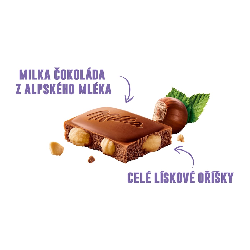 Obrázek 1 pro produkt Milka Wholenut mléčná čokoláda z alpského mléka s celými jádry lískových ořechů 95 g