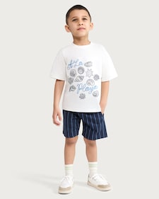 F&F Boys 2-Piece Pure Cotton À La Playa T-Shirt and Striped Shorts Set in White